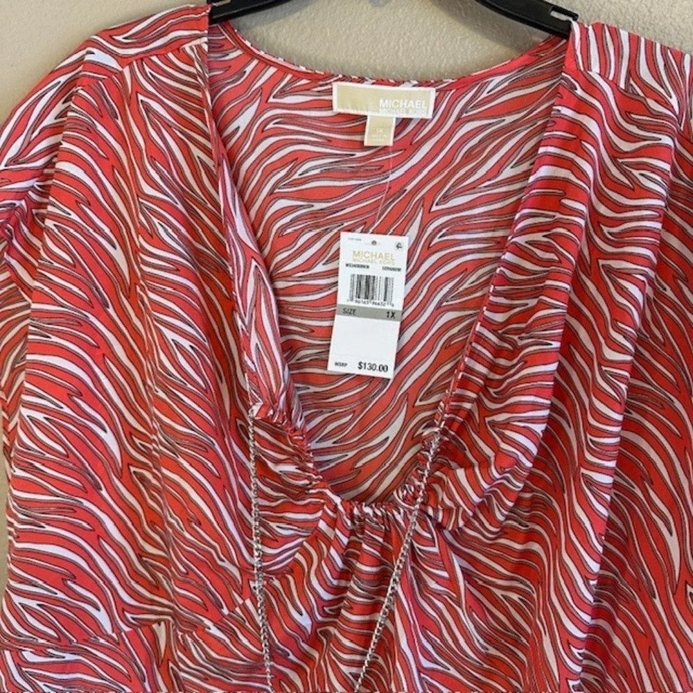 NWT Michael Kors Women's Plus Size Zebra Print Chain Trim‎ Top Peach Geranium 1X